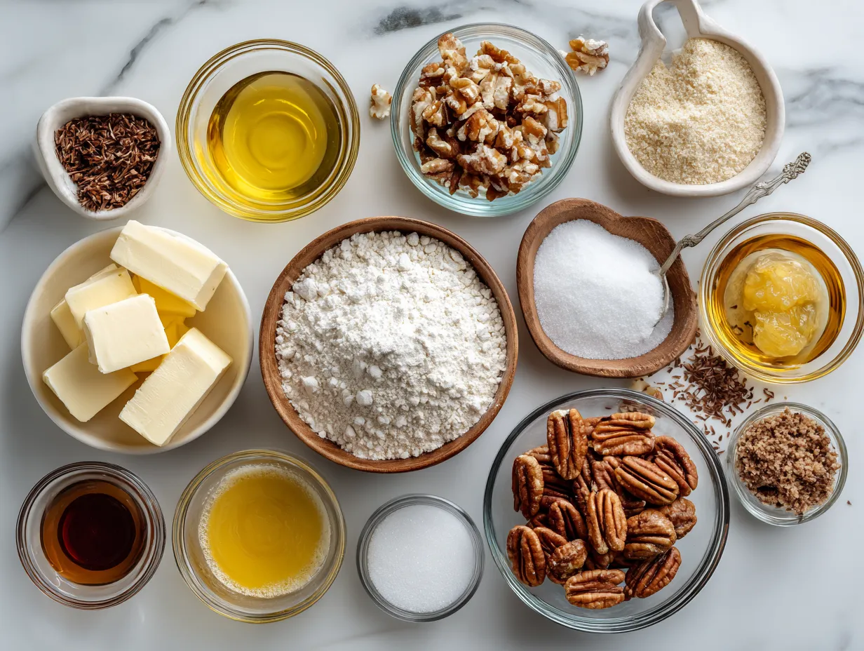 Ingredients for Salted Maple Pecan Pie Bars including flour, butter, sugar, salt, ice water, brown sugar, maple syrup, eggs, vanilla extract, pecan halves, and flaky sea salt.