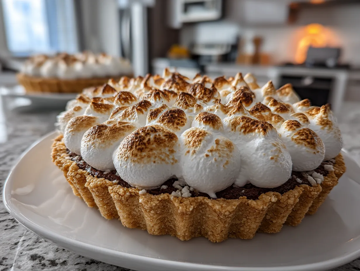Finished Smores Pie with toasted marshmallow topping and chocolate ganache drizzle.
