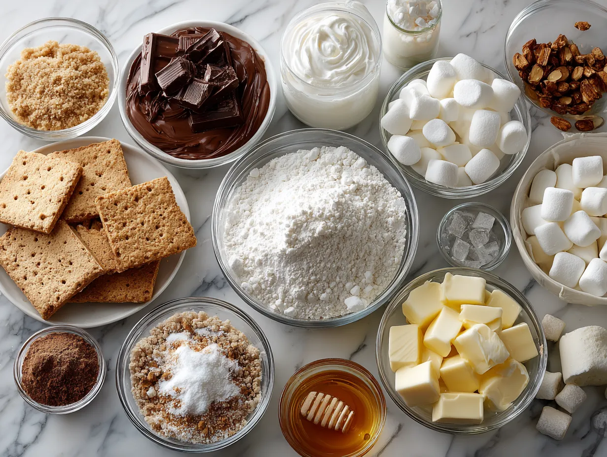 Ingredients for making Smores Pie, including graham crackers, butter, sugar, condensed milk, heavy cream, cocoa powder, vanilla extract, marshmallow fluff, and chocolate.