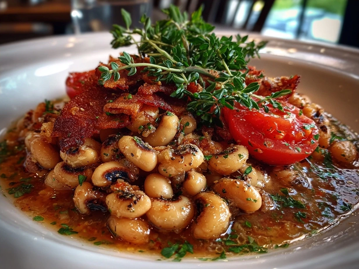 Final presentation of Southern-Style Black-Eyed Peas, garnished and ready to serve.