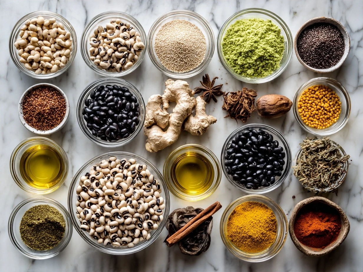 Ingredients for Southern-Style Black-Eyed Peas: dried black-eyed peas, chicken broth, smoked ham hock, onion, garlic, smoked paprika, thyme, cayenne pepper, salt, pepper, and olive oil.