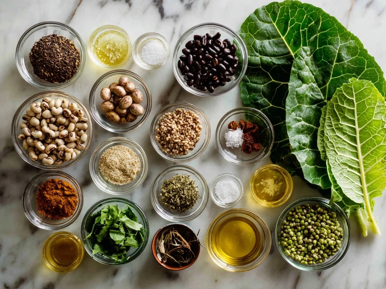 Ingredients for Southern Black-Eyed Peas with Collard Greens including dried black-eyed peas, onion, garlic, collard greens, ham hocks, spices and broth.