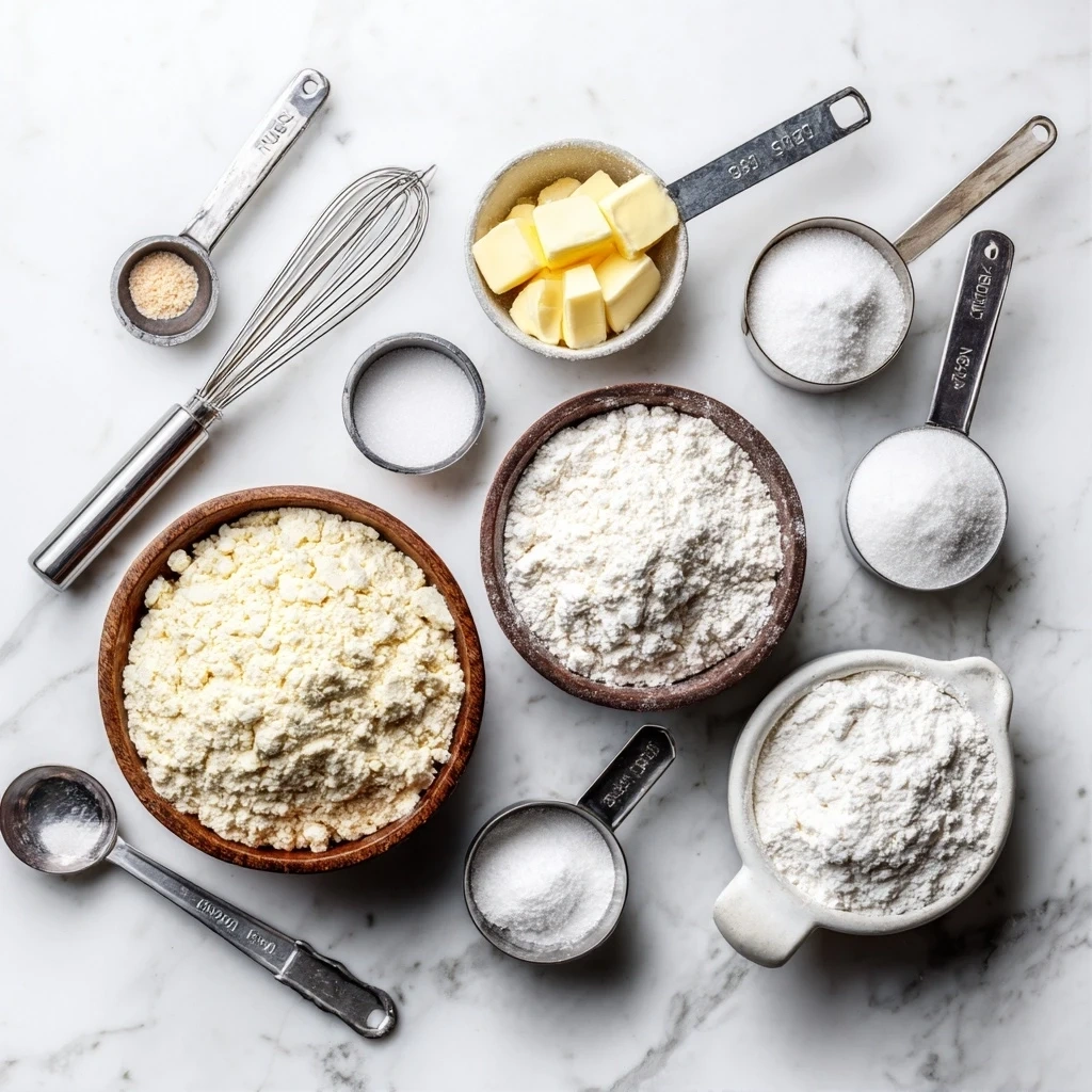 Ingredients for making homemade sugar cookies including butter, sugar, eggs, vanilla extract, almond extract, flour, baking powder, and salt.