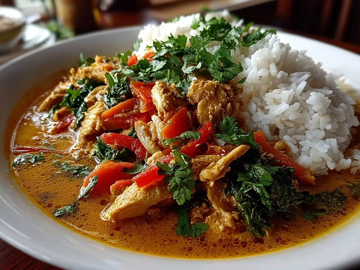 Finished Thai Red Curry Chicken plated and garnished with cilantro.