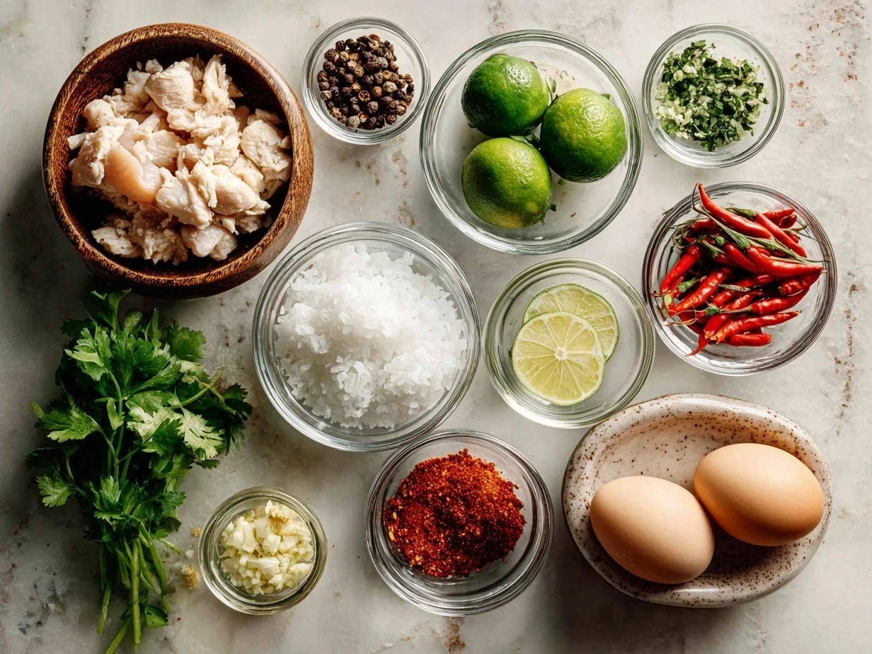 Ingredients for Thai Red Curry Chicken: chicken thighs, coconut oil, red curry paste, onion, garlic, ginger, red bell pepper, coconut milk, fish sauce, brown sugar, lime, cilantro, and rice.