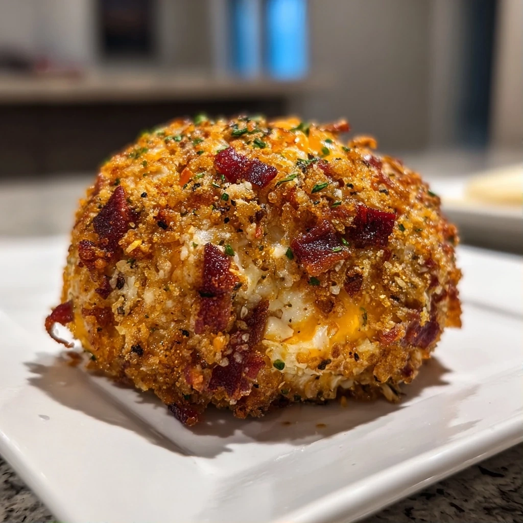 A perfectly formed bacon cheddar cheese ball coated in nuts, ready to be served