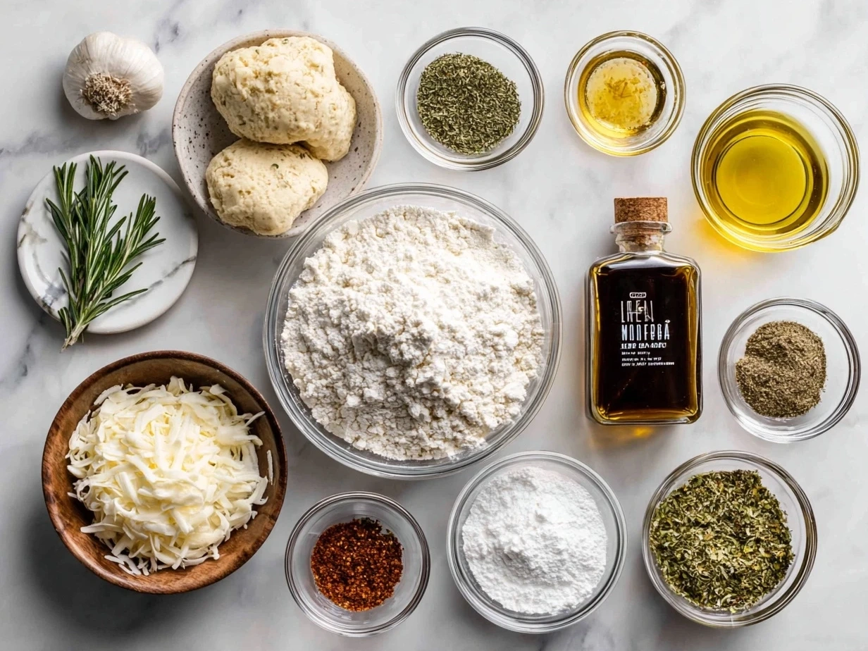 A top-down view of all the fresh ingredients needed for a garlic bread wreath with baked brie recipe, including bread dough, brie, butter, garlic, parsley, rosemary, and red pepper flakes.