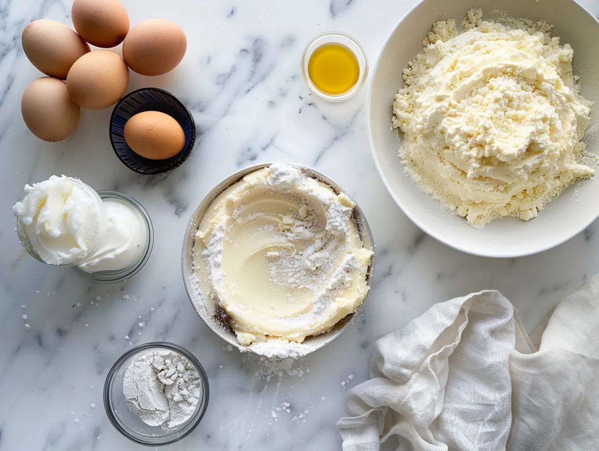 Ingredients for Vanilla Bean Brown Butter Cheesecake: graham crackers, browned butter, cream cheese, sugar, sour cream, eggs, vanilla bean.