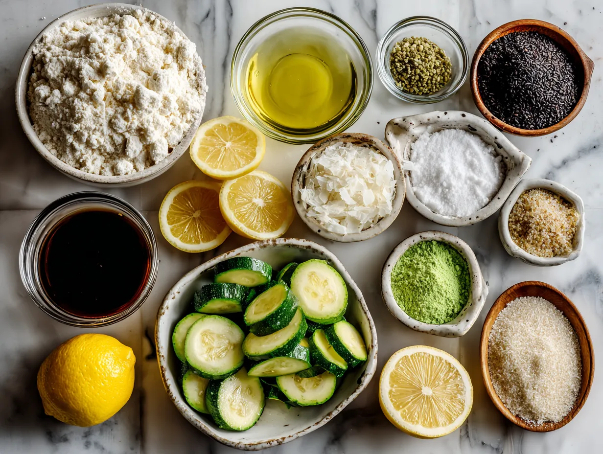 Ingredients for lemon glazed zucchini cookies, featuring flour, zucchini, lemon, and sugar.