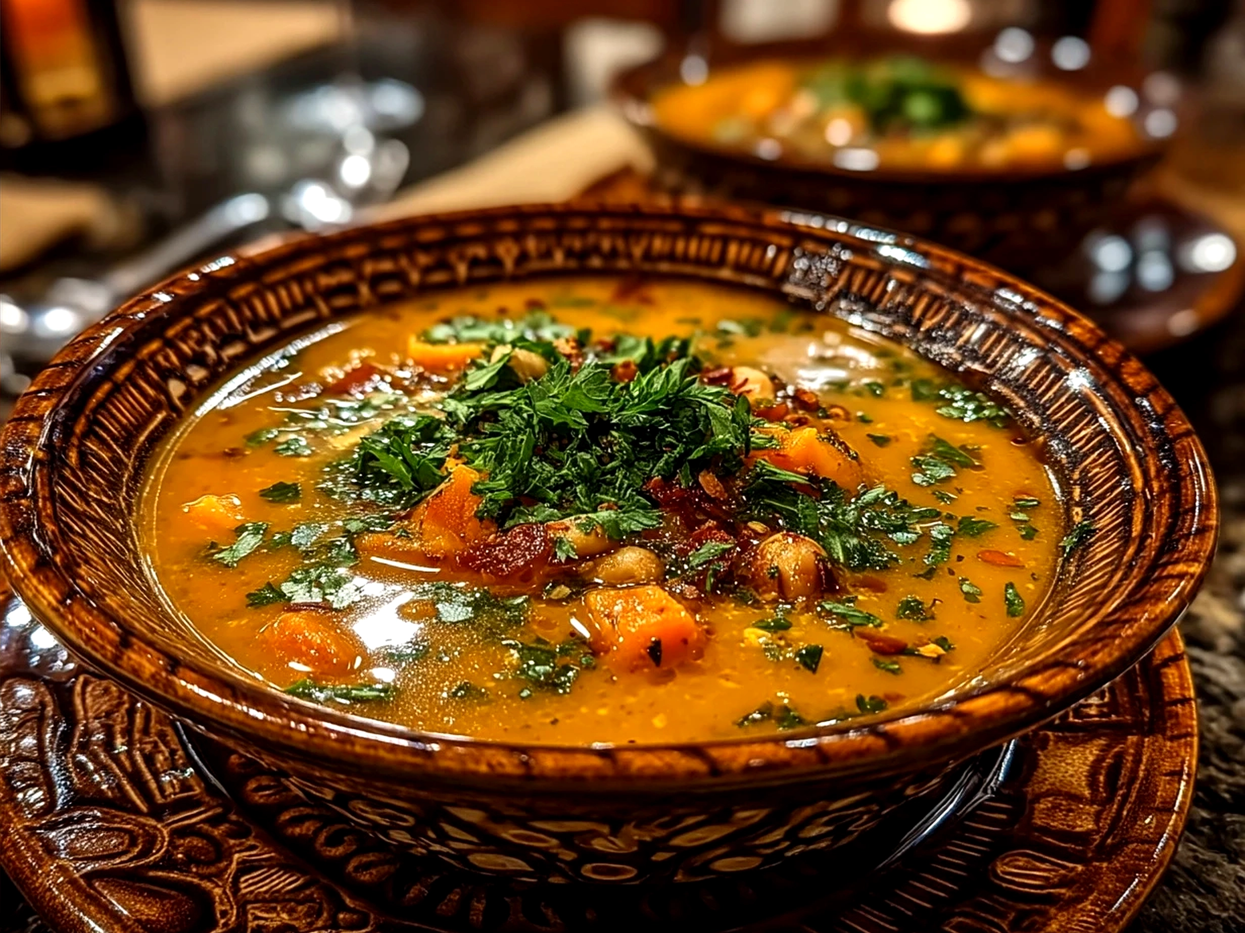 African Peanut Soup served in a rustic bowl garnished with cilantro