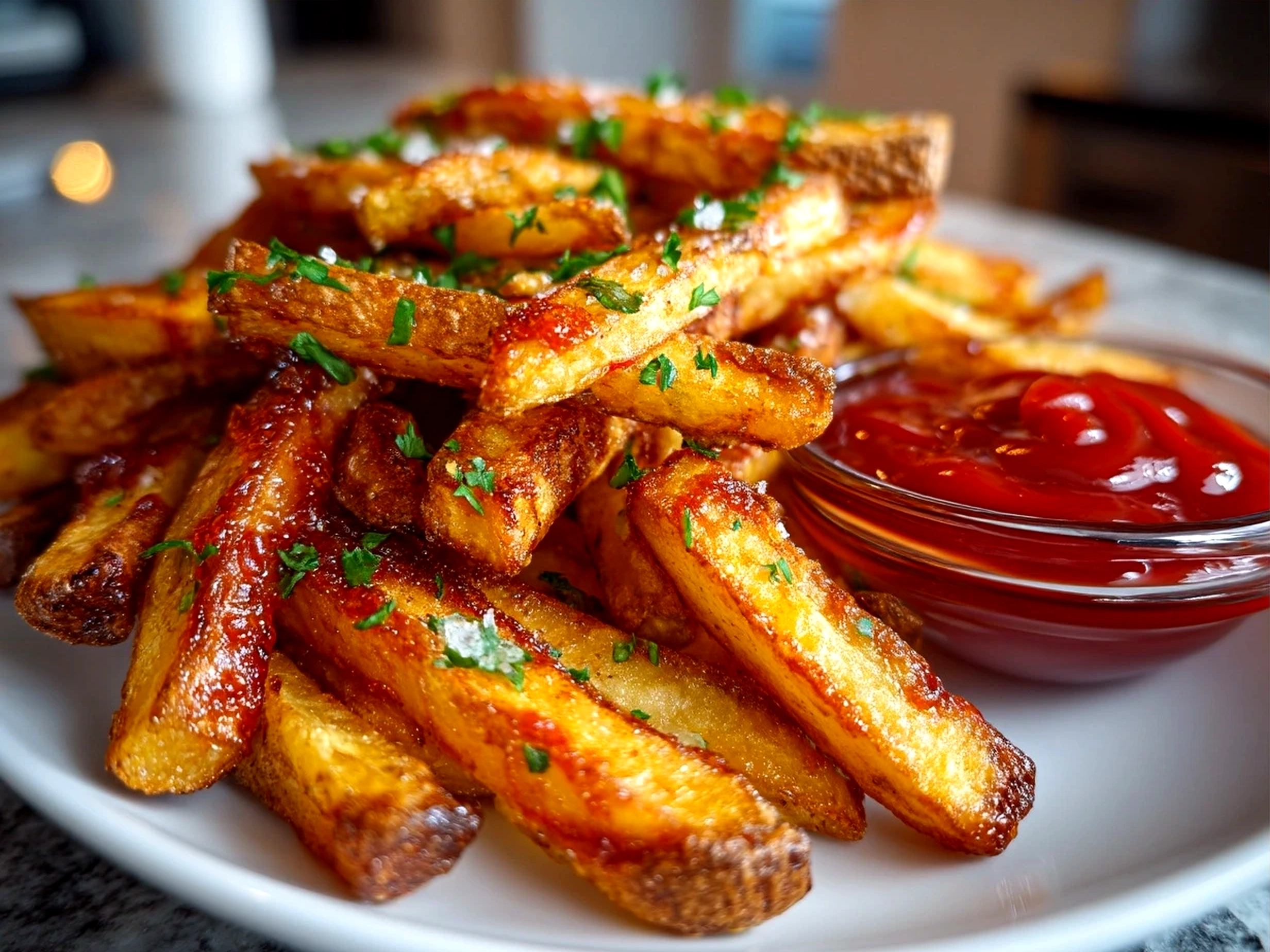 Plated crispy Air Fryer Fries served with flavorful dips on a colorful ceramic plate