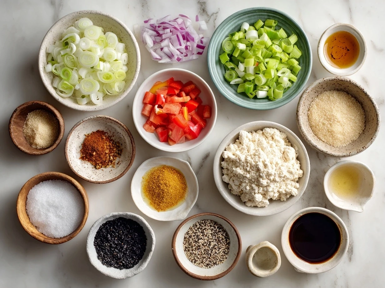 All the fresh ingredients for making tortilla roll-ups are displayed, including tortillas, cream cheese, cheddar cheese, olives, bell pepper, jalapenos, taco seasoning, and cilantro.