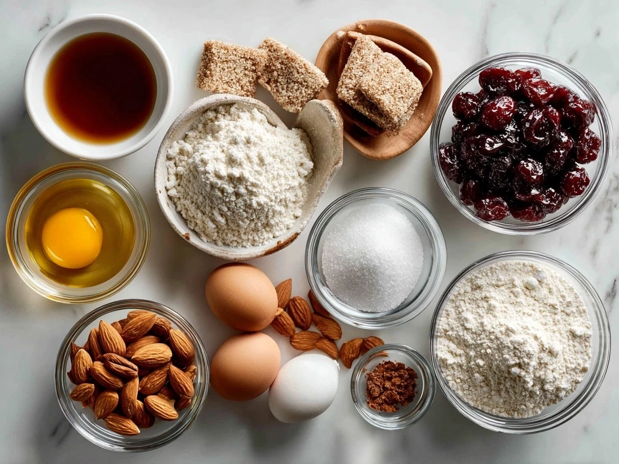 Ingredients for making Almond Cherry Cookies including butter, sugar, flour, eggs, almond extract, cherries and almonds.
