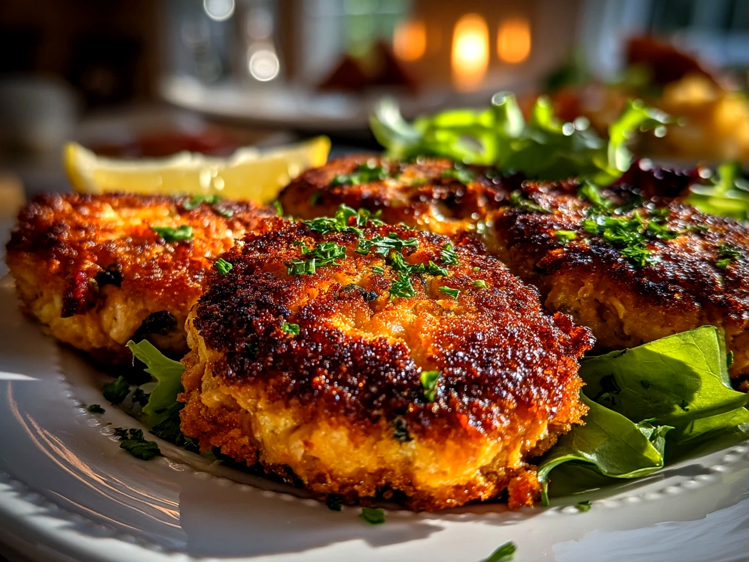 Close up of finished comforting canned salmon cakes on a plate with fresh vibrant garnishes