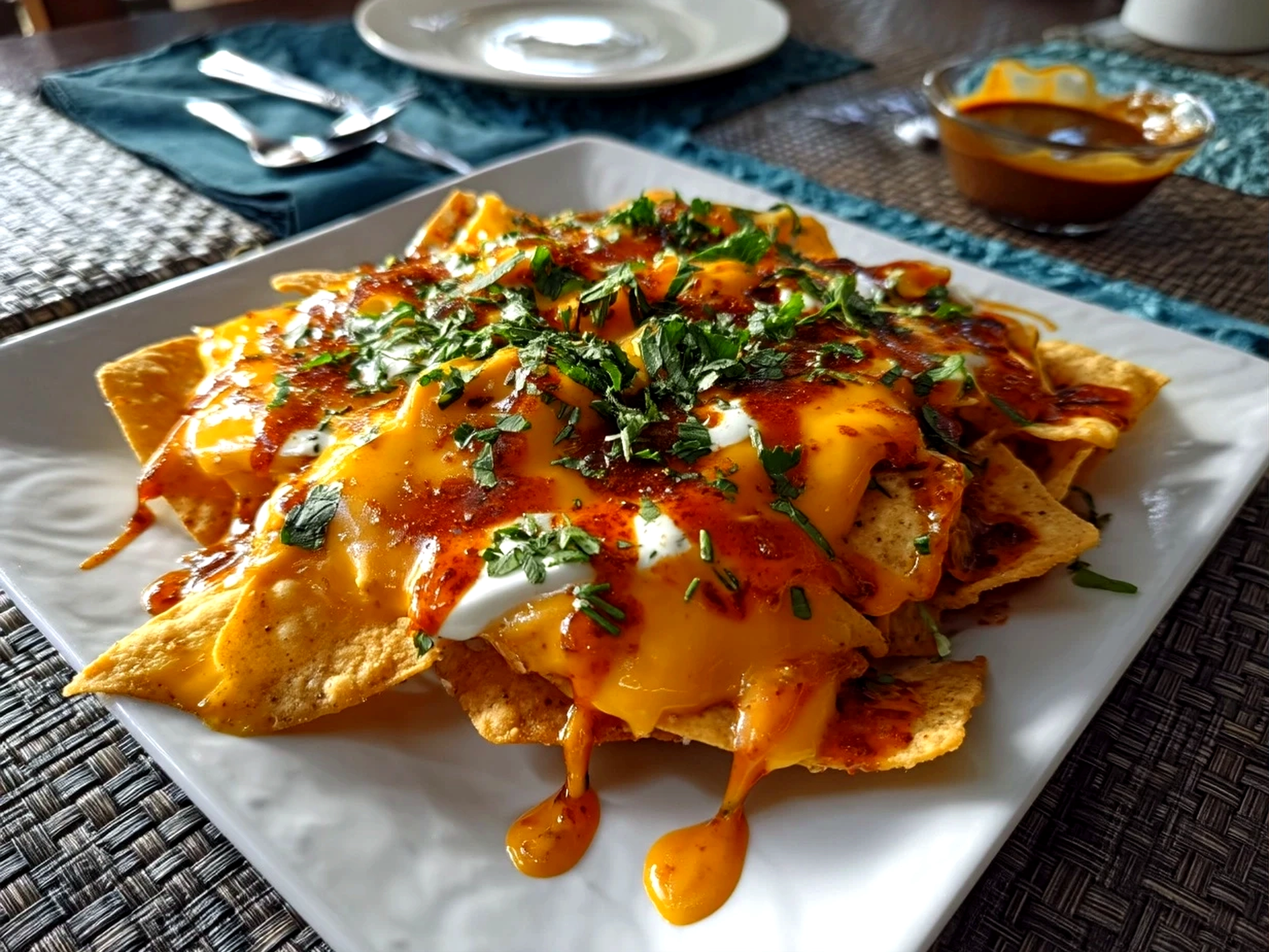 Slight angle close up finished comforting Nacho Cheese Sauce rich inviting in rustic ceramic bowl