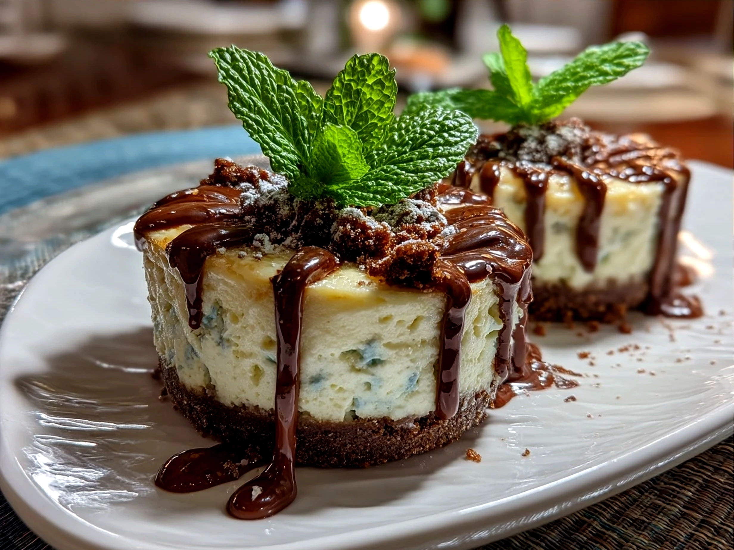 Finished Andes Mint Mini Cheesecakes served on a plate