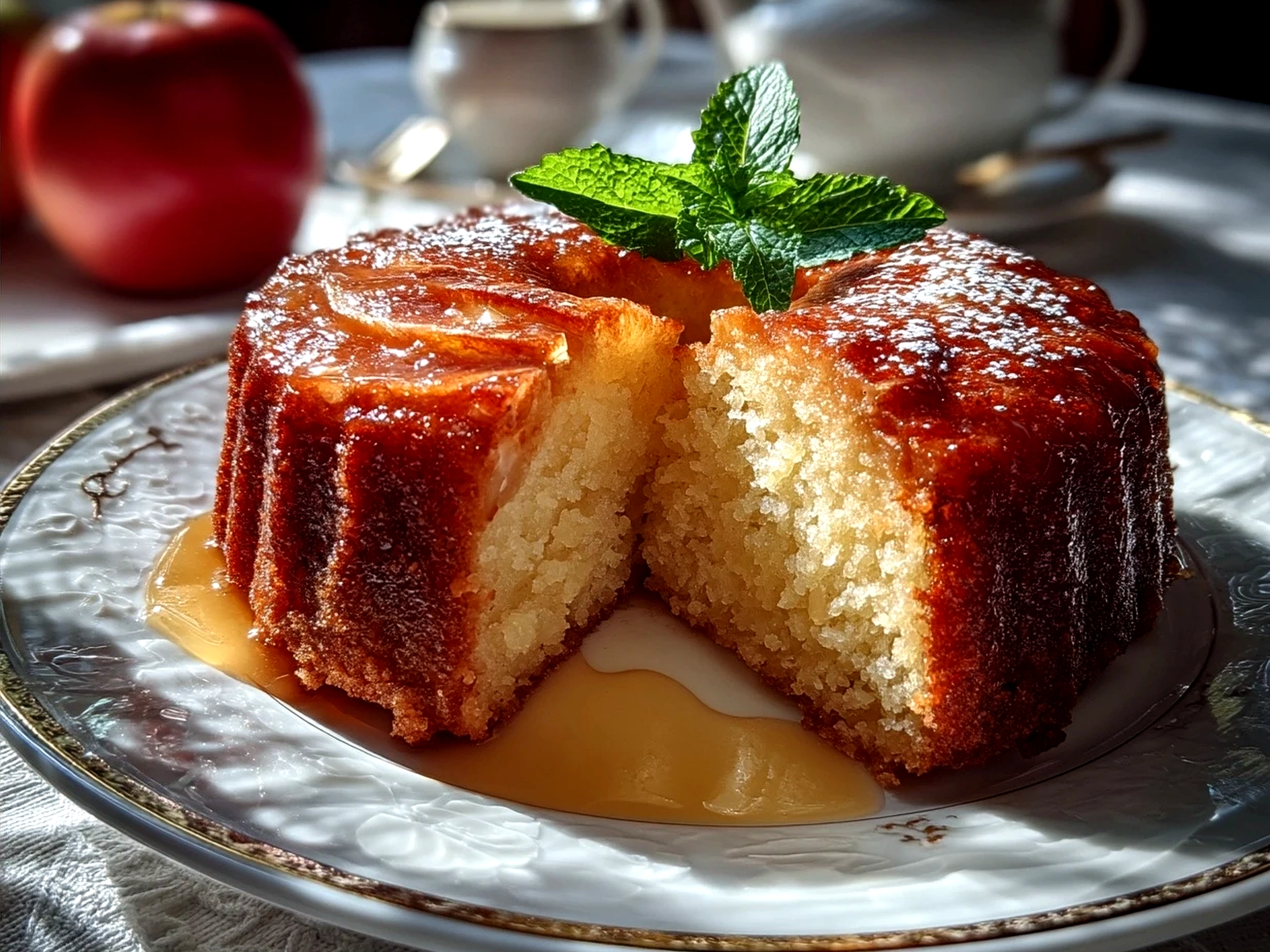 Served slices of moist Applesauce Cake with whipped cream and fruit