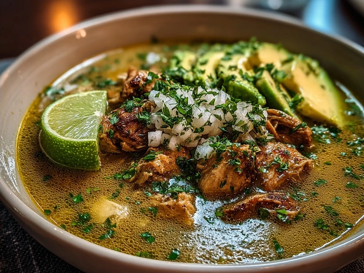 Bowl of Authentic Crockpot Chicken Pozole Verde with fresh garnishes