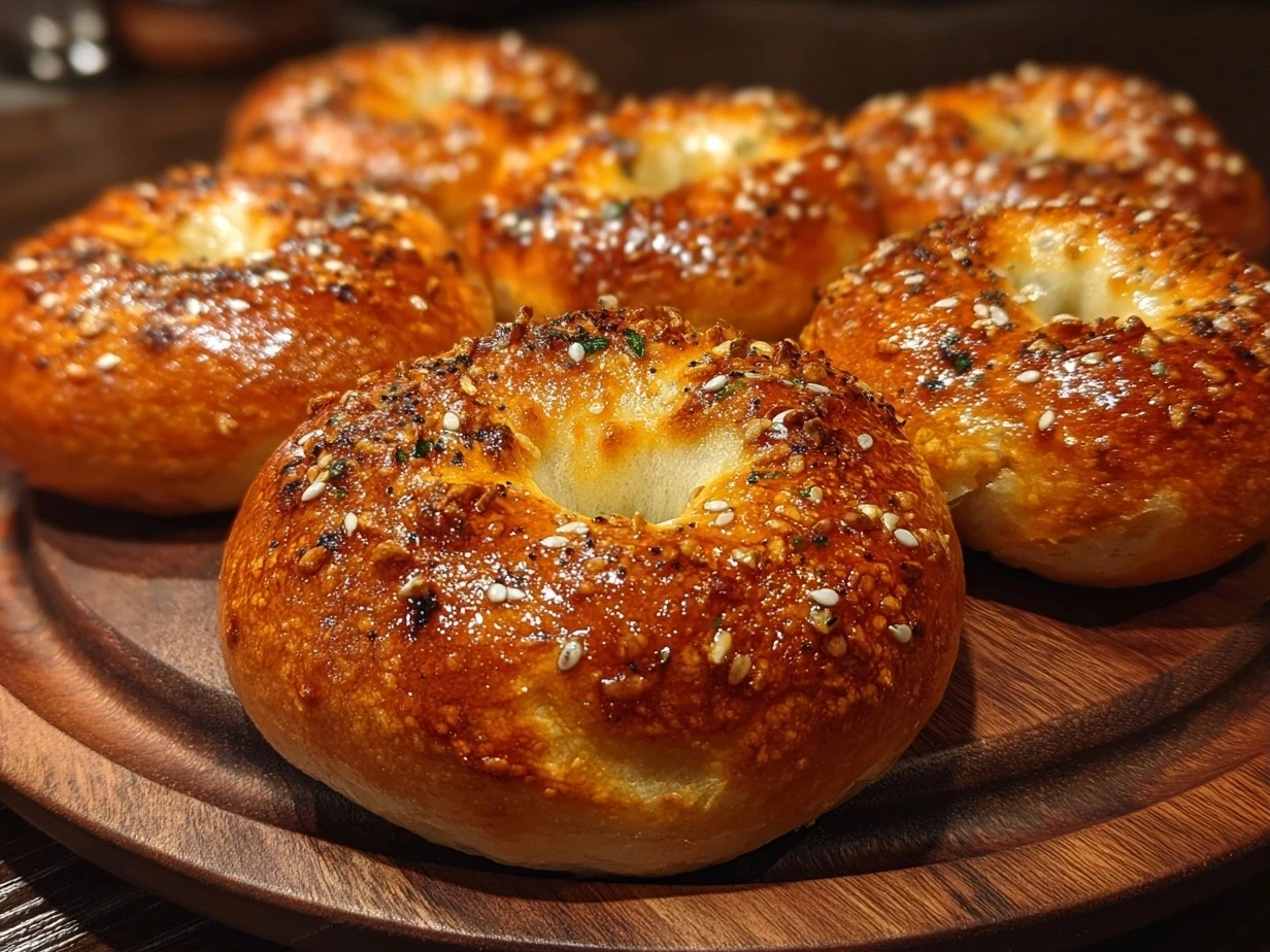 Freshly baked golden brown bagels resting on a wire rack, showcasing a perfect chewy crust