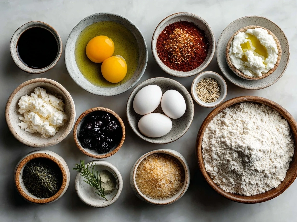 Ingredients for the perfect homemade bagel recipe including bread flour, yeast, barley malt syrup, and various seeds for toppings