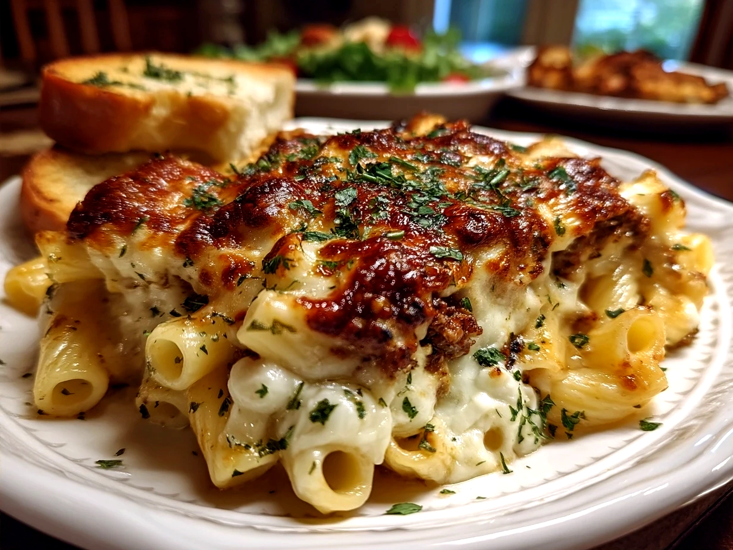 Golden bubbly baked ziti in a baking dish served fresh