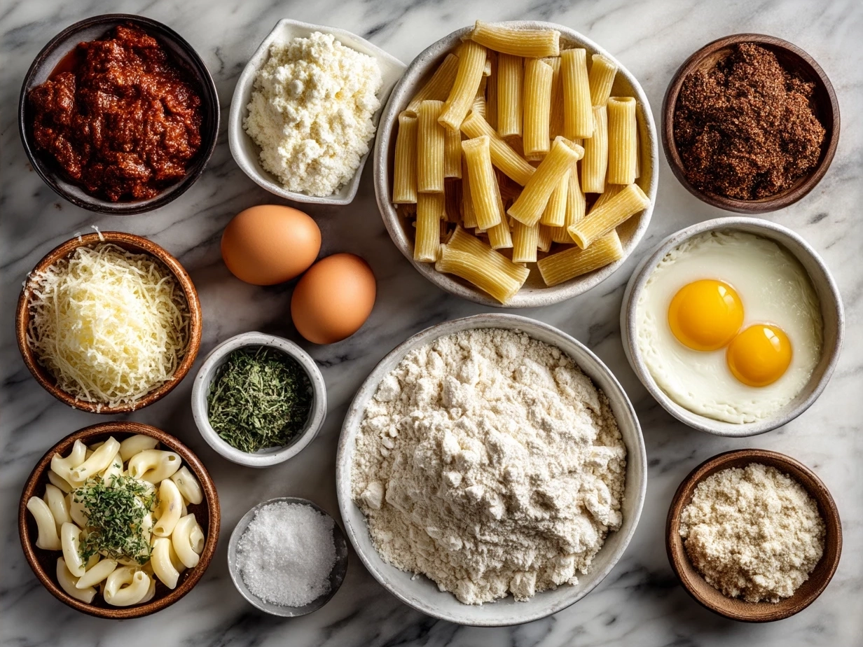 Ingredients laid out for baked ziti including pasta, cheeses, tomato sauce, basil, and garlic