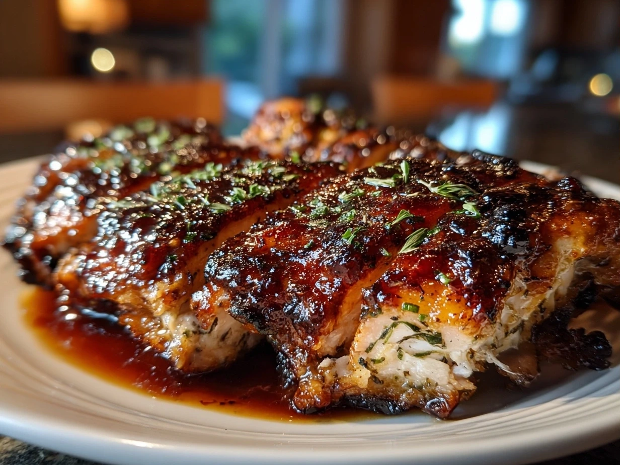 Perfectly grilled BBQ chicken with glossy smoky skin ready to serve