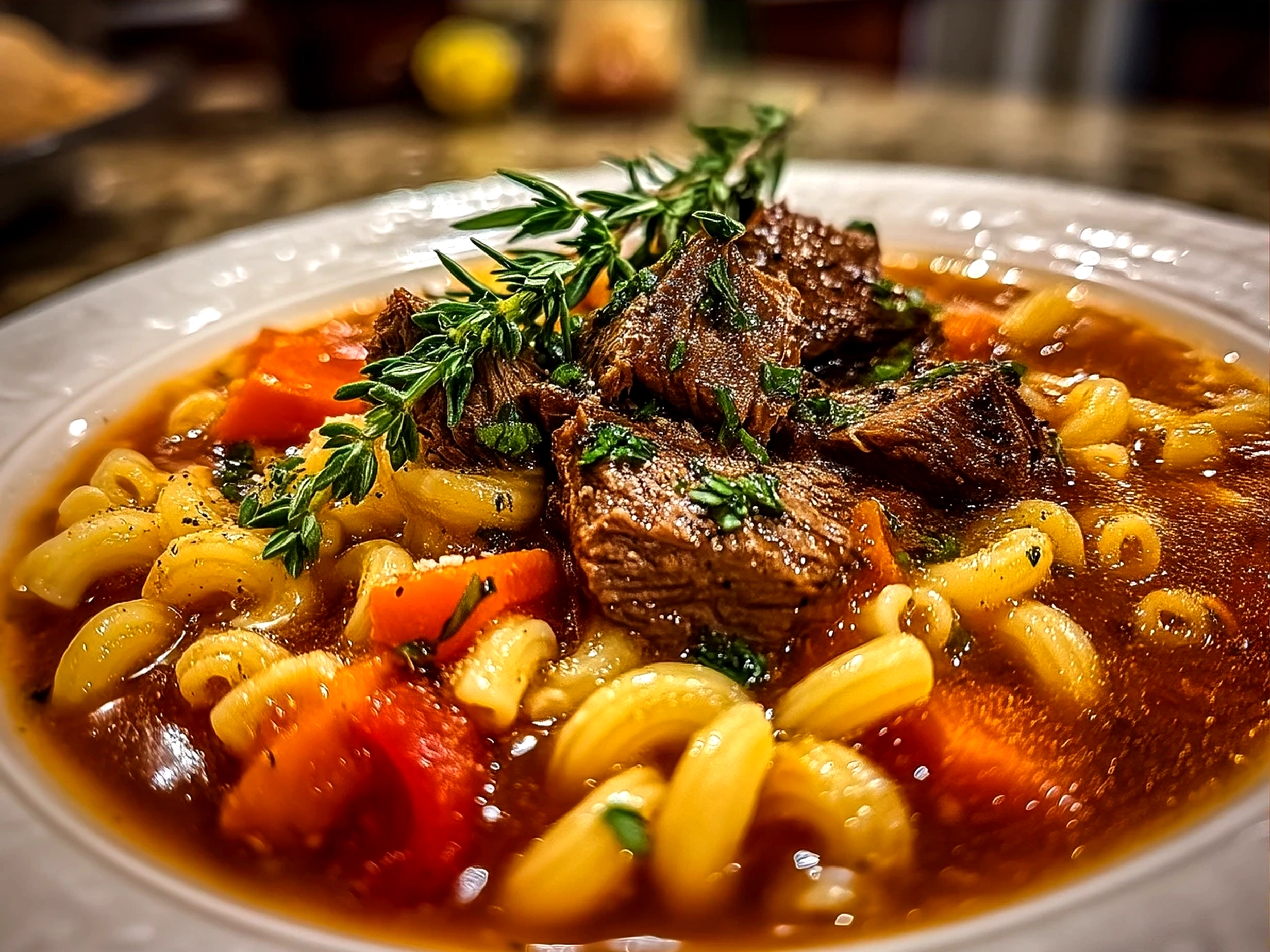 Serving bowl filled with steaming Beef and Macaroni Soup garnished with fresh parsley