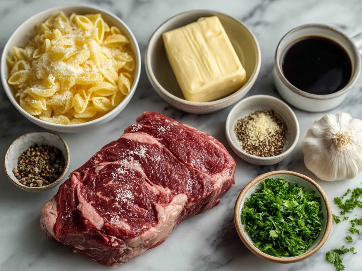 Ingredients for Beef and Macaroni Soup laid out on kitchen counter