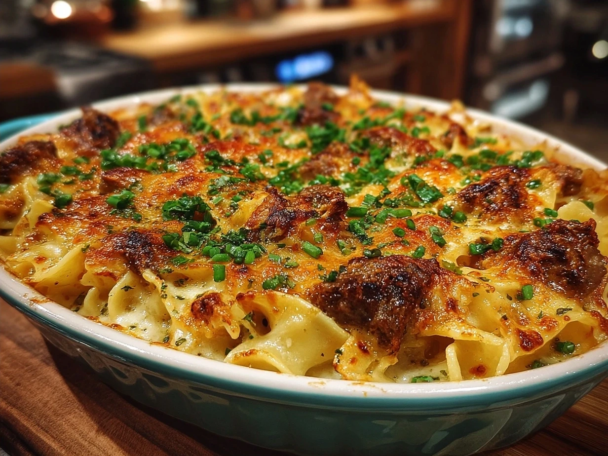 Bubbling cheesy Beef Noodle Casserole fresh from the oven, golden and inviting