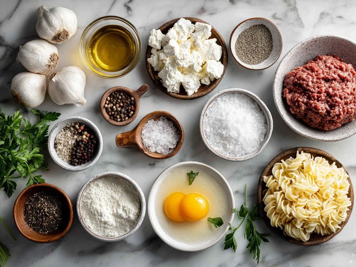 Ingredients for Beef Noodle Casserole including ground beef, egg noodles, cheese, and spices