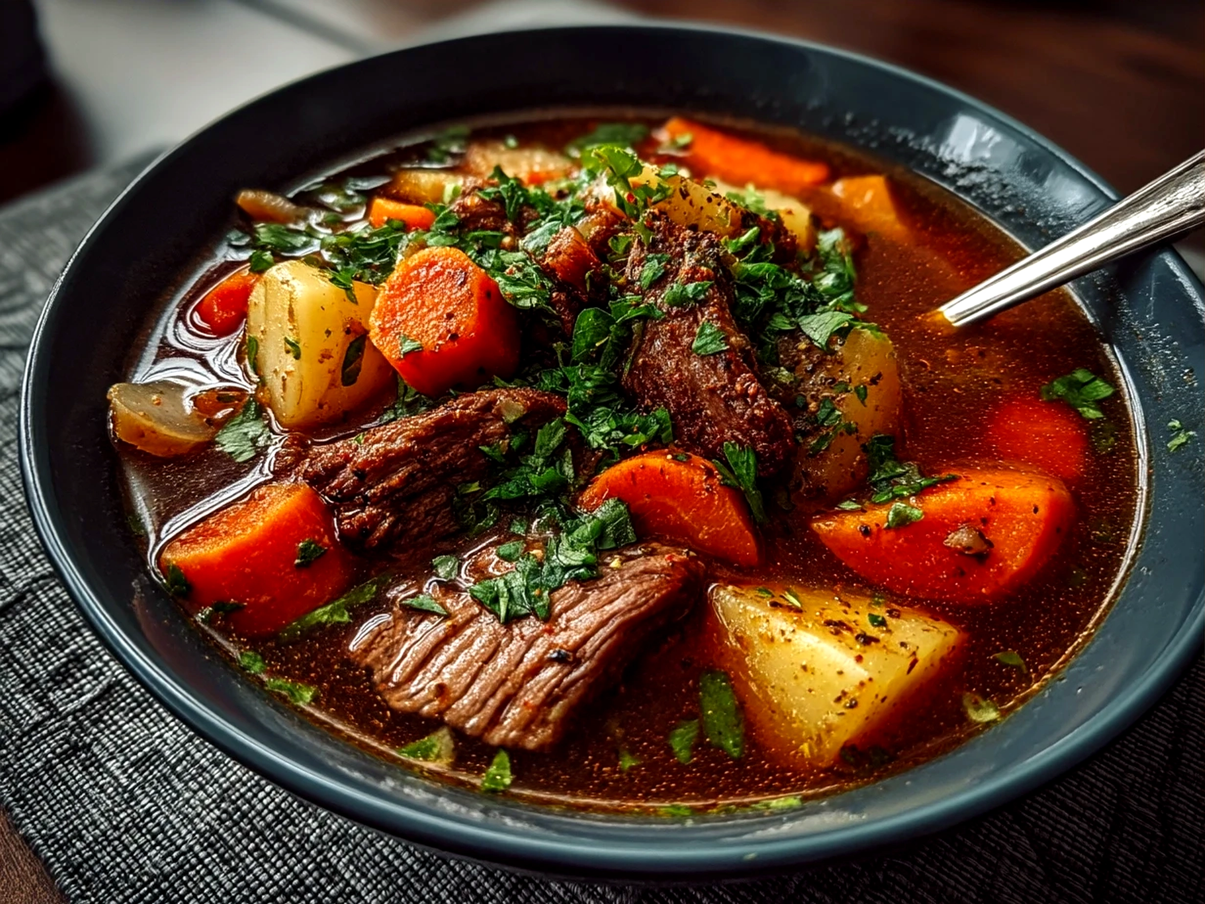 A bowl of hearty beef vegetable soup garnished with fresh parsley served alongside bread