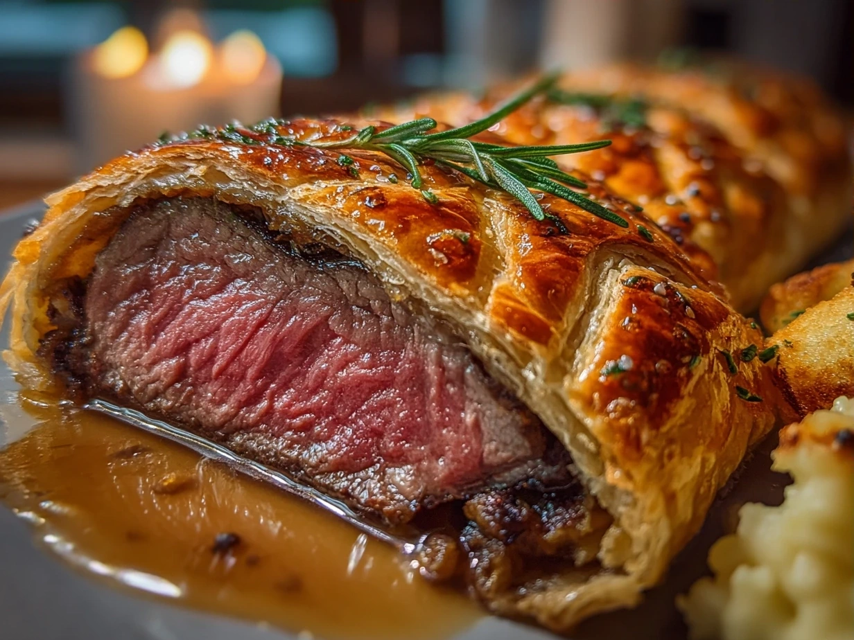 Perfectly cooked Beef Wellington sliced to show tender pink filet surrounded by golden puff pastry