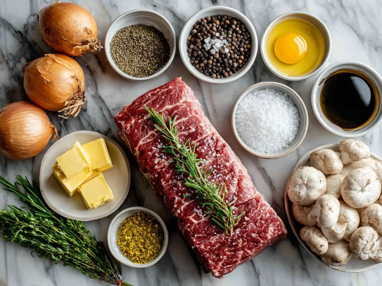 Ingredients for Beef Wellington laid out including filet mignon, puff pastry, prosciutto, mushrooms, herbs, and seasonings
