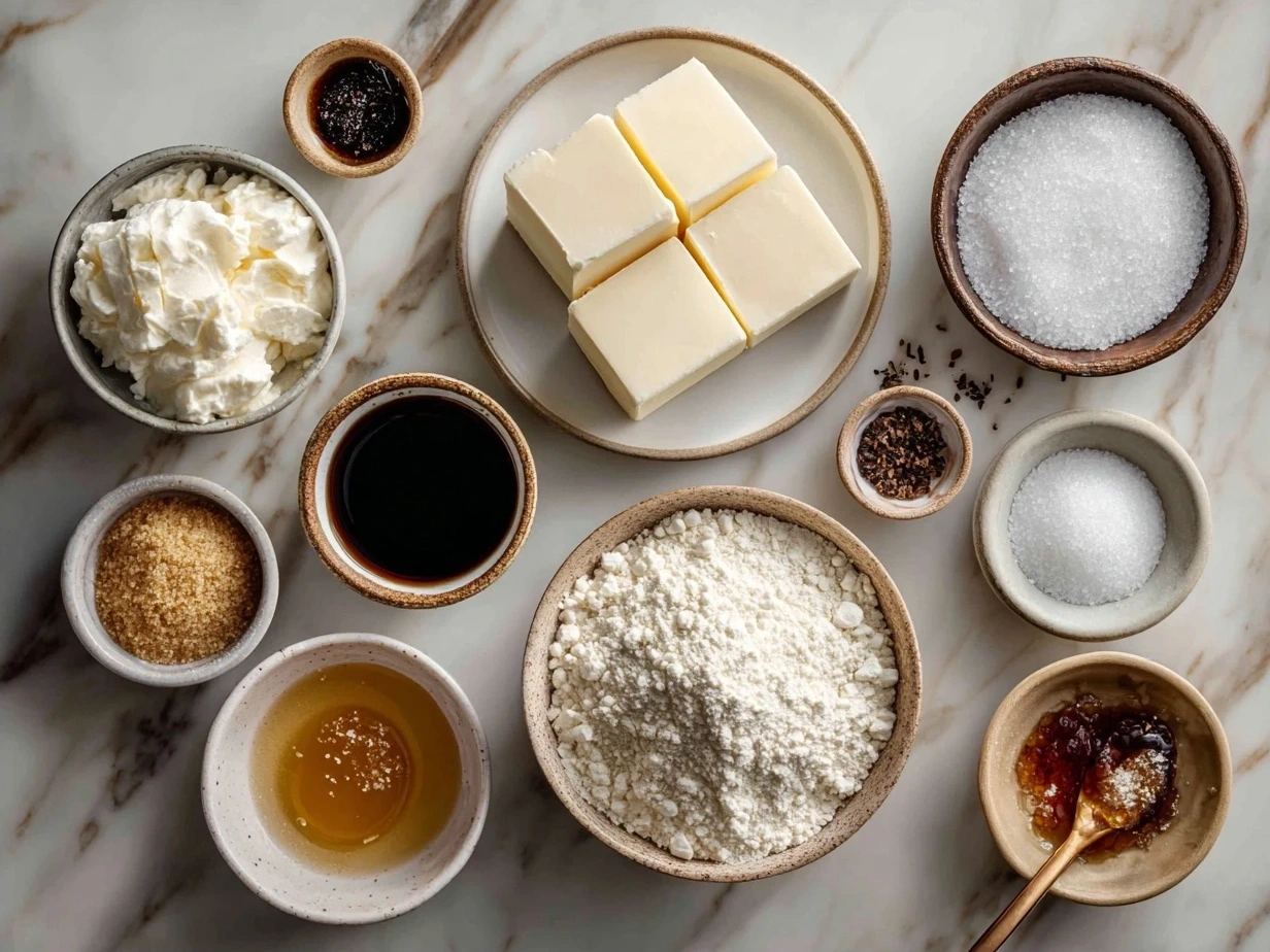 Ingredients for Brown Butter Cheesecake including graham cracker crumbs, butter, cream cheese, eggs, sour cream and vanilla