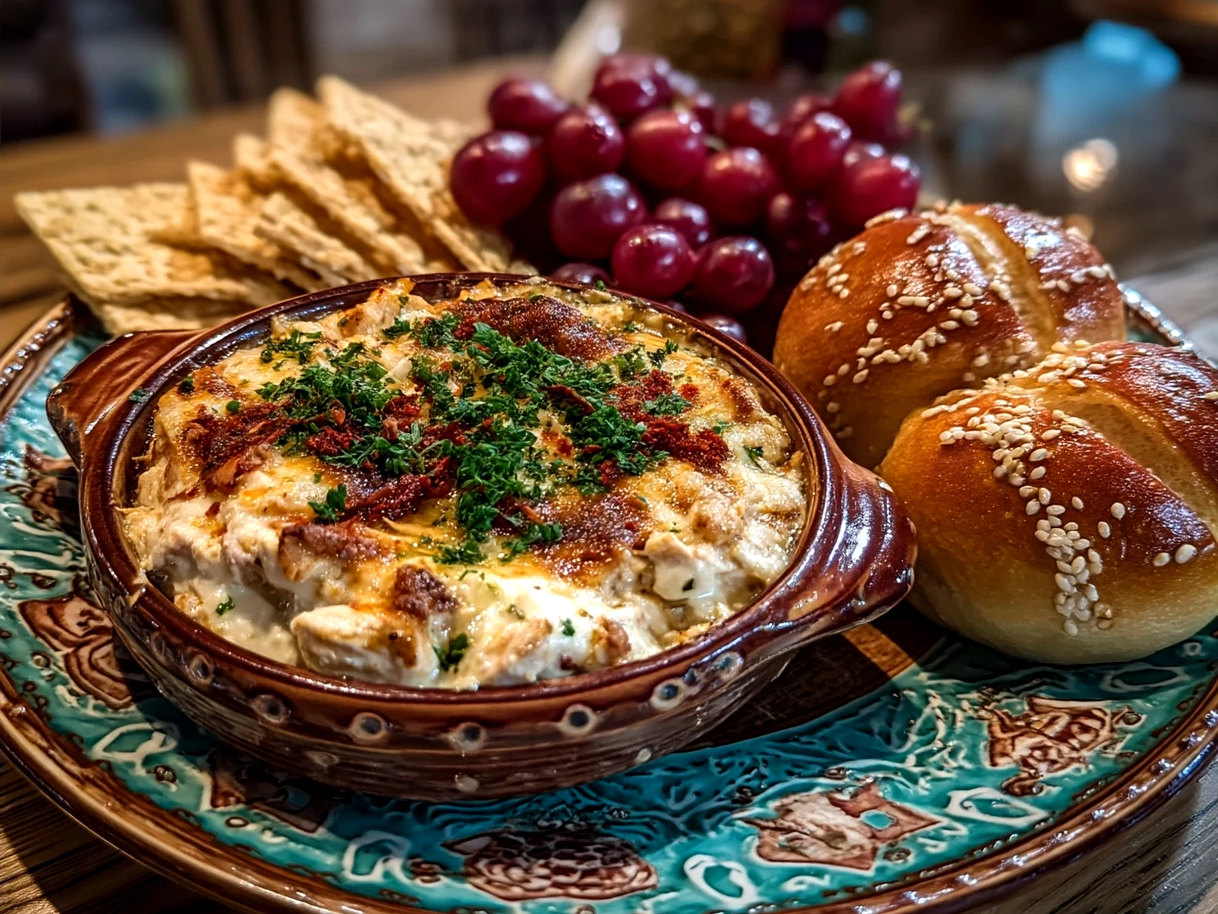 Creamy Buckeye Dip served in a rustic wooden bowl with pretzel rods and apple slices for dipping