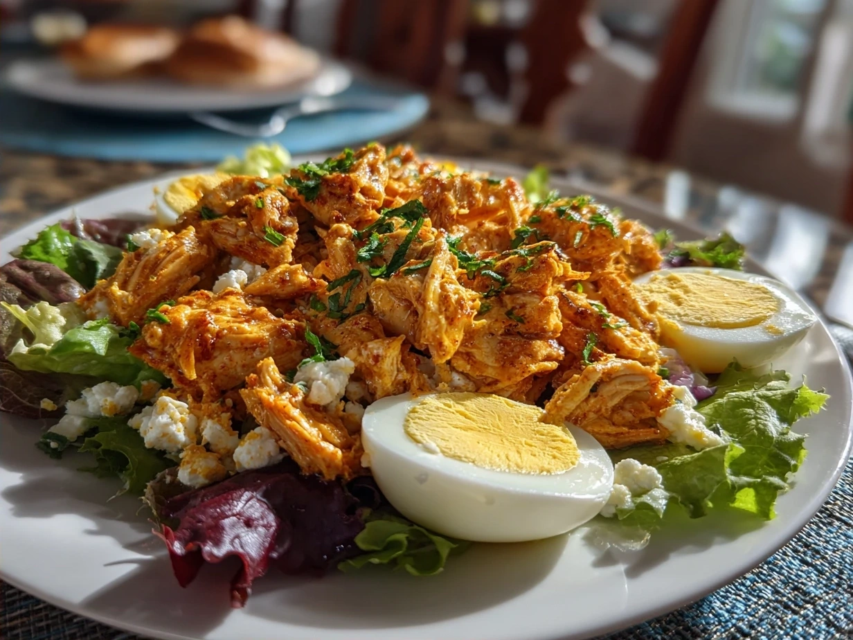 Finished buffalo chicken salad plated with fresh greens, sliced buffalo chicken, blue cheese crumbles, and dressing