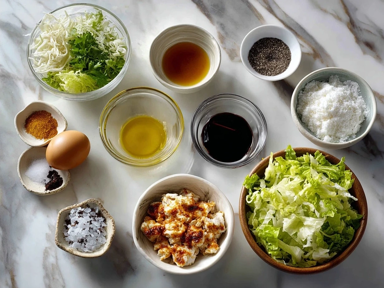 Ingredients for buffalo chicken salad laid out including chicken, buffalo sauce, greens, celery, and blue cheese crumbles