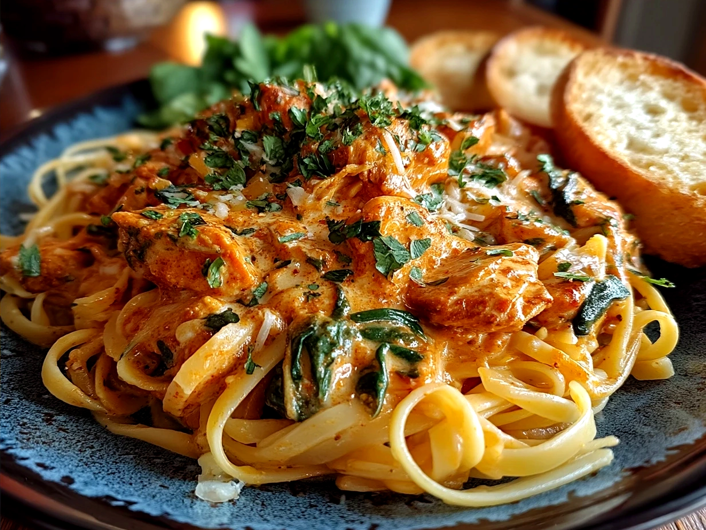 Served Butter Chicken Linguine with fresh cilantro and crusty bread