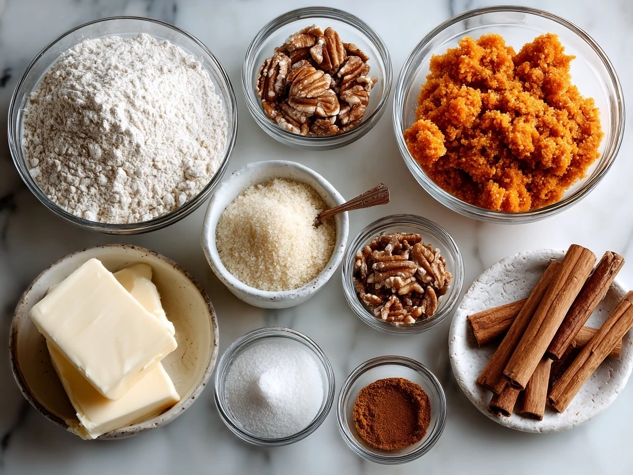 Ingredients for Butternut Squash-Apple Coffee Cake including butternut squash, apples, flour, sugars, butter, and spices
