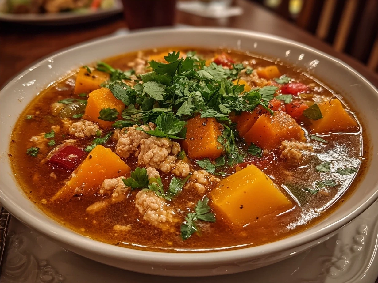 A bowl of Butternut Squash and Turkey Chili garnished with cilantro and cheese, showcasing its hearty and colorful appeal