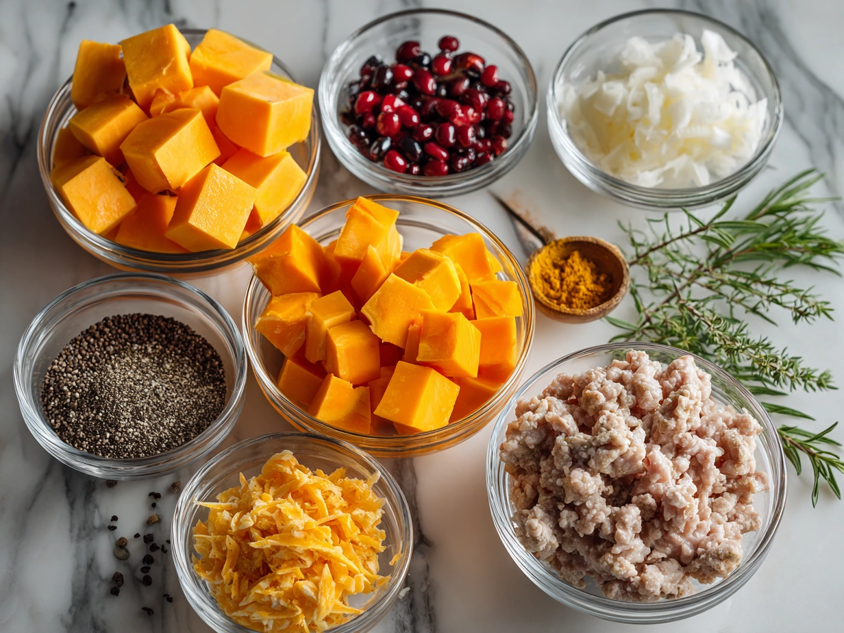 Ingredients for Butternut Squash and Turkey Chili including fresh butternut squash, ground turkey, onion, garlic, bell pepper, canned tomatoes, and spices