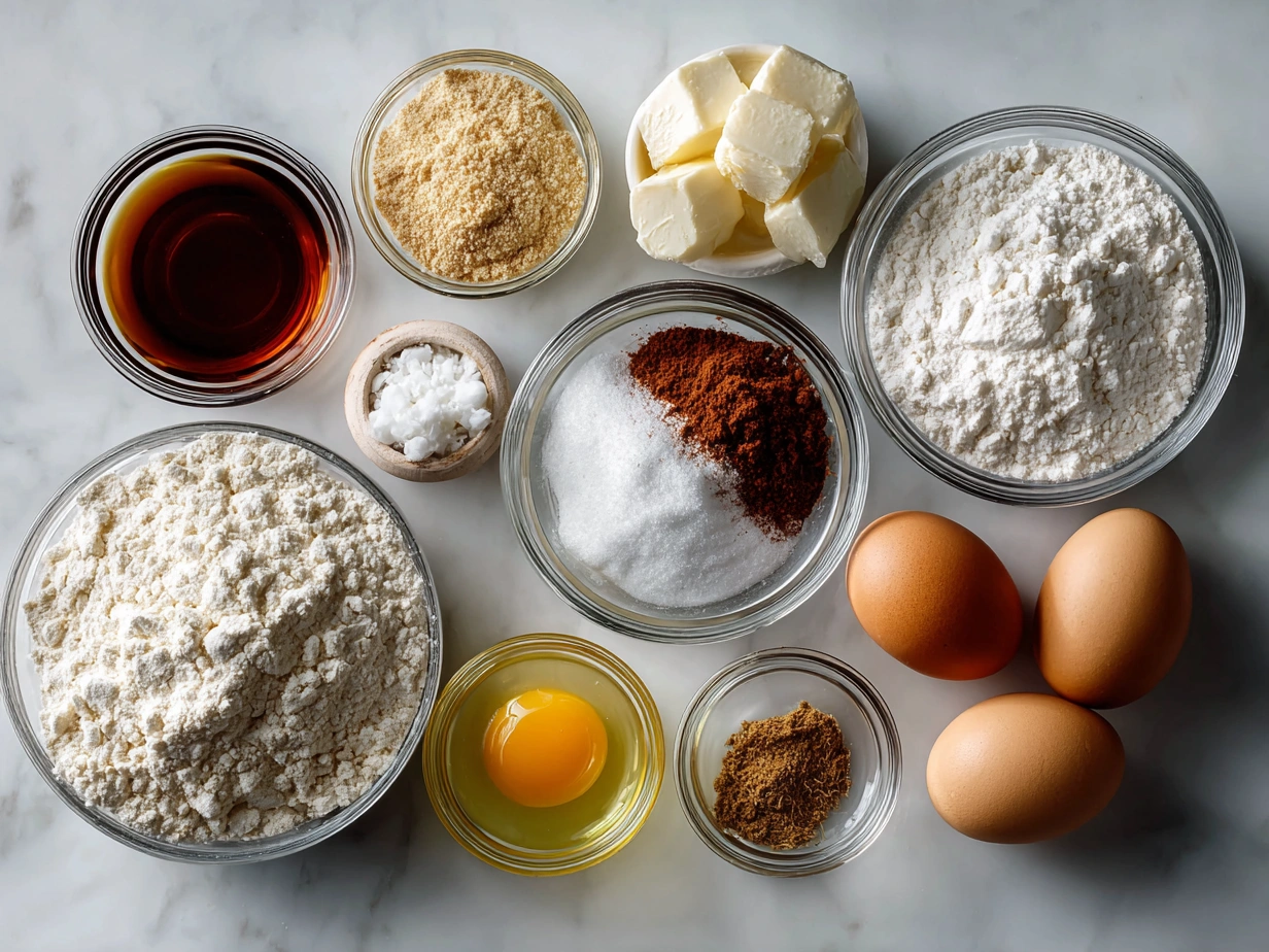 Ingredients for Homemade Buñuelos: flour, baking powder, salt, shortening, water, oil, sugar, and cinnamon.