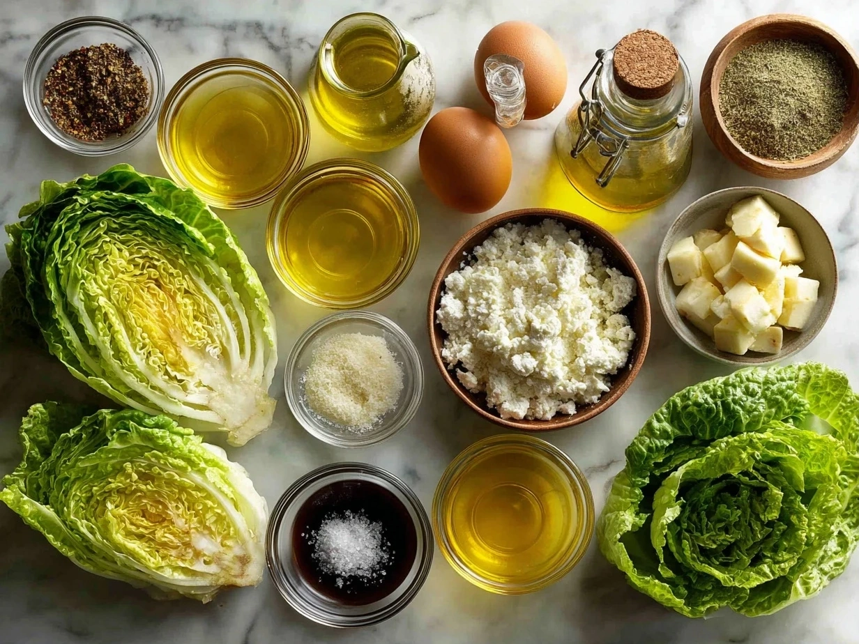 Ingredients for Homemade Caesar Salad Dressing Recipe including mayonnaise, garlic, lemon, Worcestershire sauce, Dijon mustard, Parmesan cheese, anchovies, olive oil, salt and pepper.