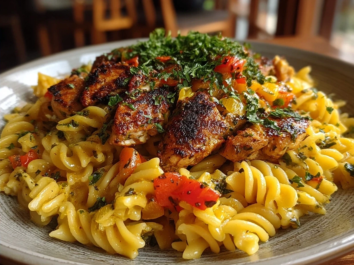 Final dish of Cajun Chicken Pasta garnished with fresh parsley