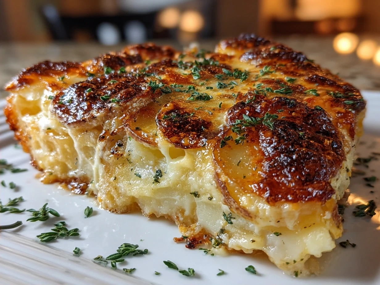 Finished Cajun Scalloped Potatoes with melted cheese and parsley garnish.