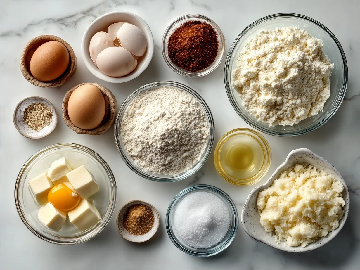 Ingredients for making Cajun Scalloped Potatoes including Yukon Gold potatoes, Andouille sausage, cheese, and spices.