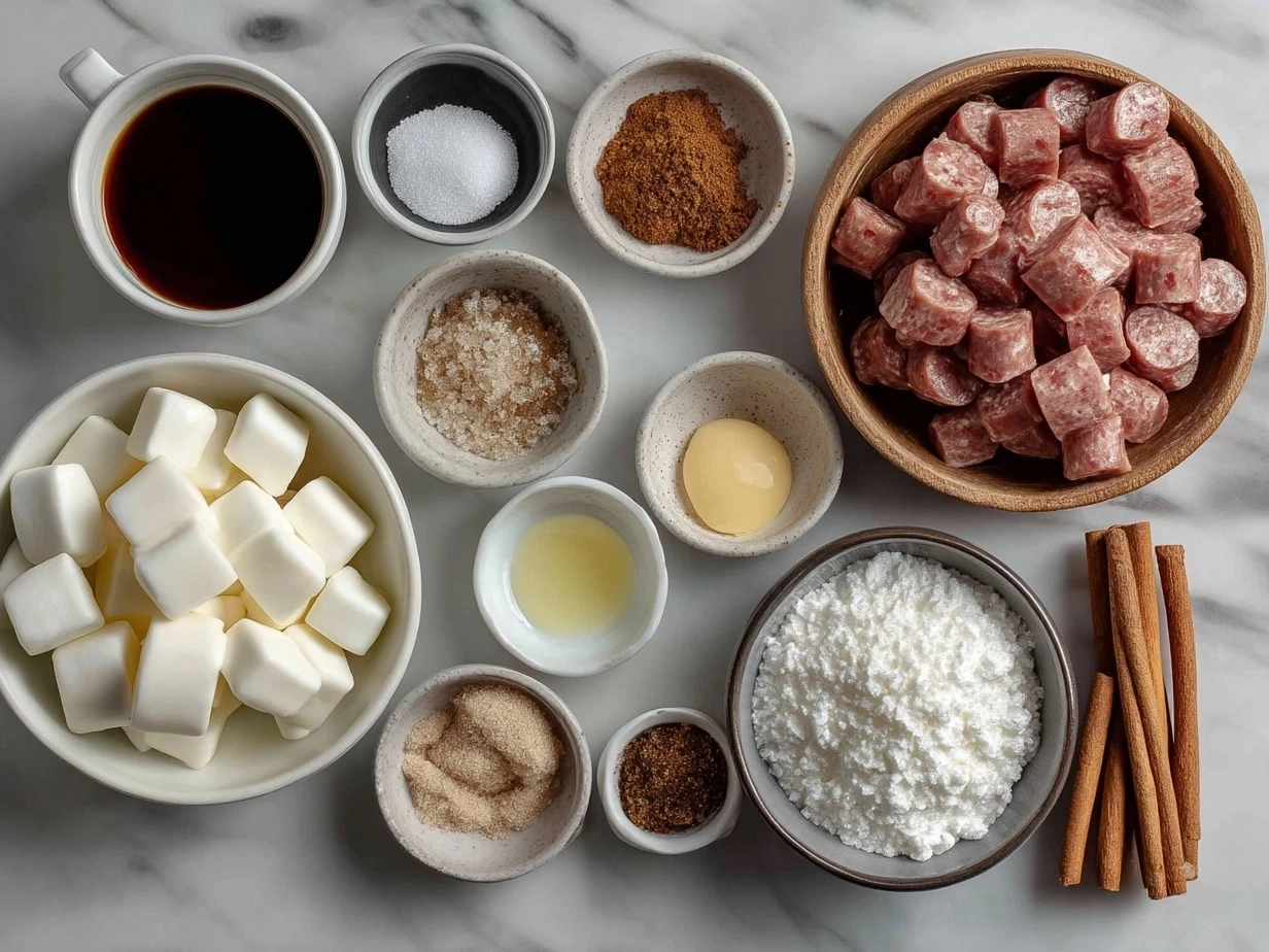 Ingredients for Candied Kielbasa Bites laid out on a table