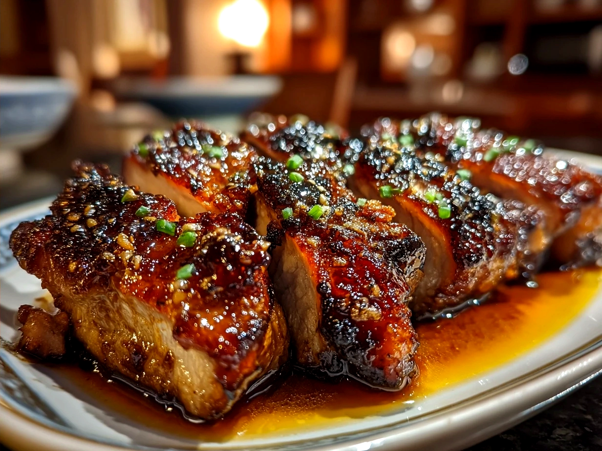 Sliced Char Siu Chicken served over jasmine rice with scallions and sesame seeds