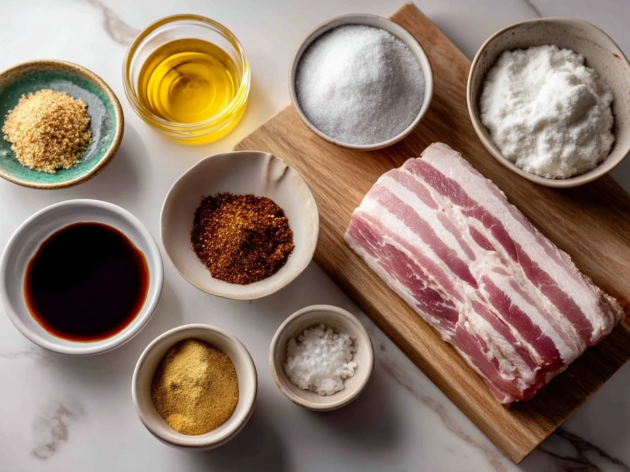 Ingredients for Char Siu Chicken including chicken thighs, hoisin sauce, soy sauce, honey, and spices